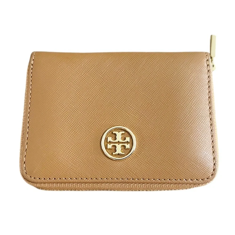 Tory Burch Key Ring Zip Around Mini Wallet Camel with Gold Logo 4 Inner Pockets